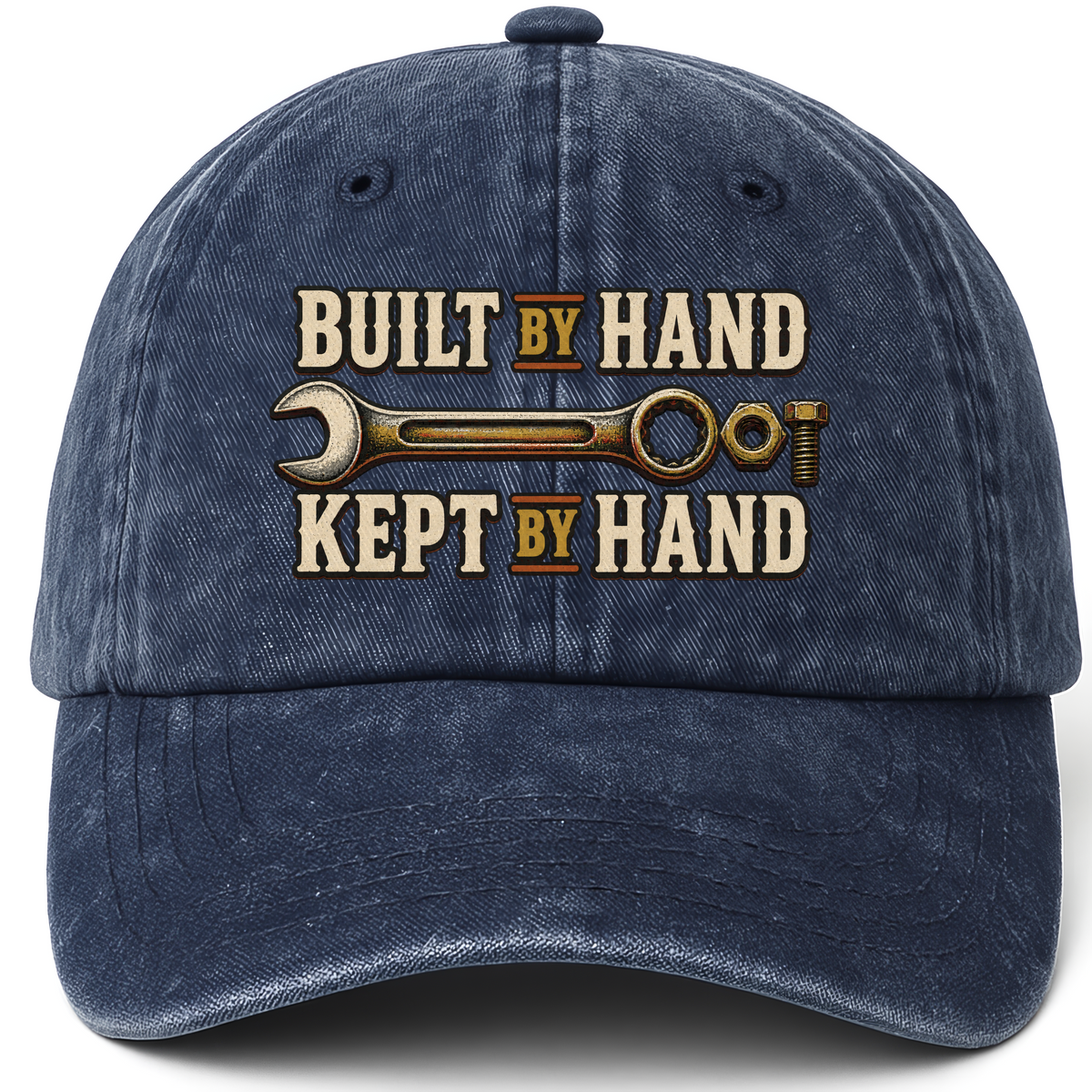 Navy vintage washed cap with Built By Hand. Kept By Hand printed front design