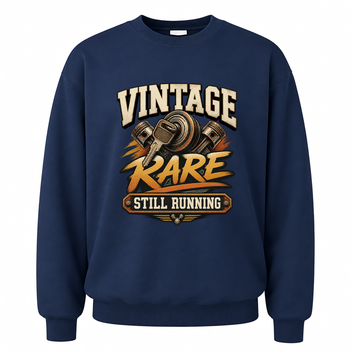 Navy vintage sweatshirt with Vintage Garage Still Running printed front design