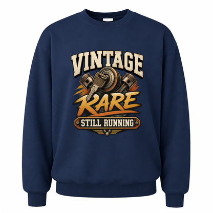 Navy vintage sweatshirt with Vintage Garage Still Running printed front design