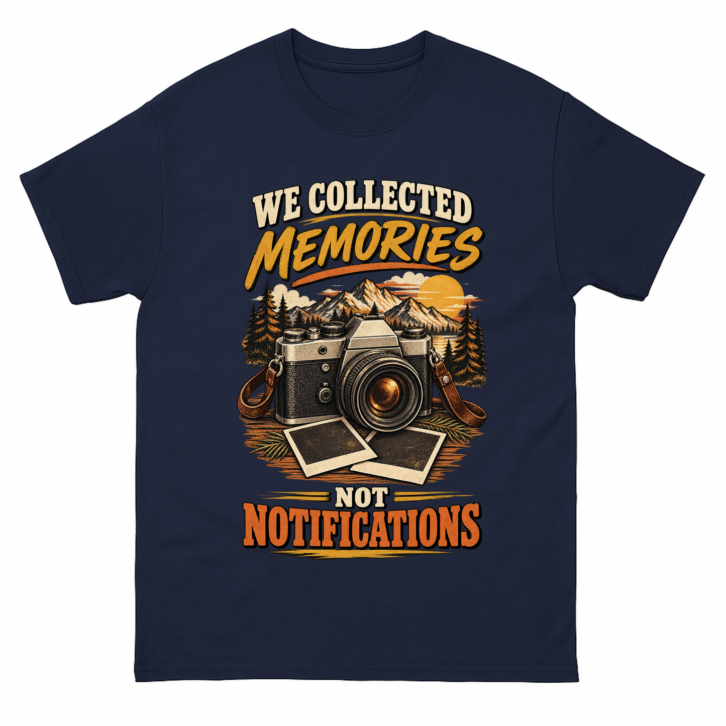 Navy vintage t-shirt with We Collected Memories Not Notifications printed front design