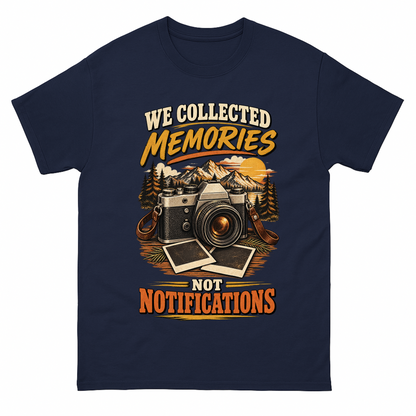 Navy vintage t-shirt with We Collected Memories Not Notifications printed front design