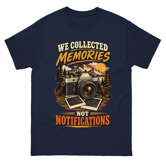 Navy vintage t-shirt with We Collected Memories Not Notifications printed front design
