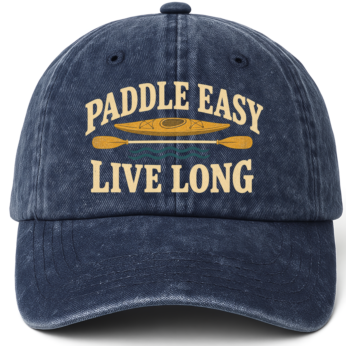 Navy vintage washed cap with Paddle Easy Live Long printed front design