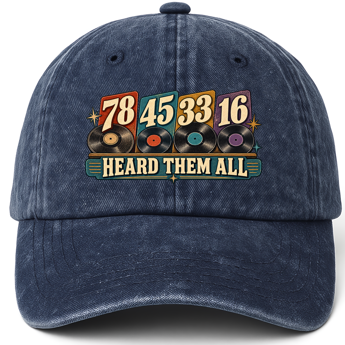 Navy vintage washed cap with 78 45 33 16. Heard Them All printed front design