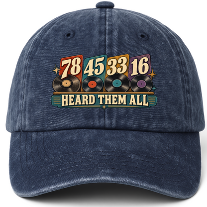 Navy vintage washed cap with 78 45 33 16. Heard Them All printed front design
