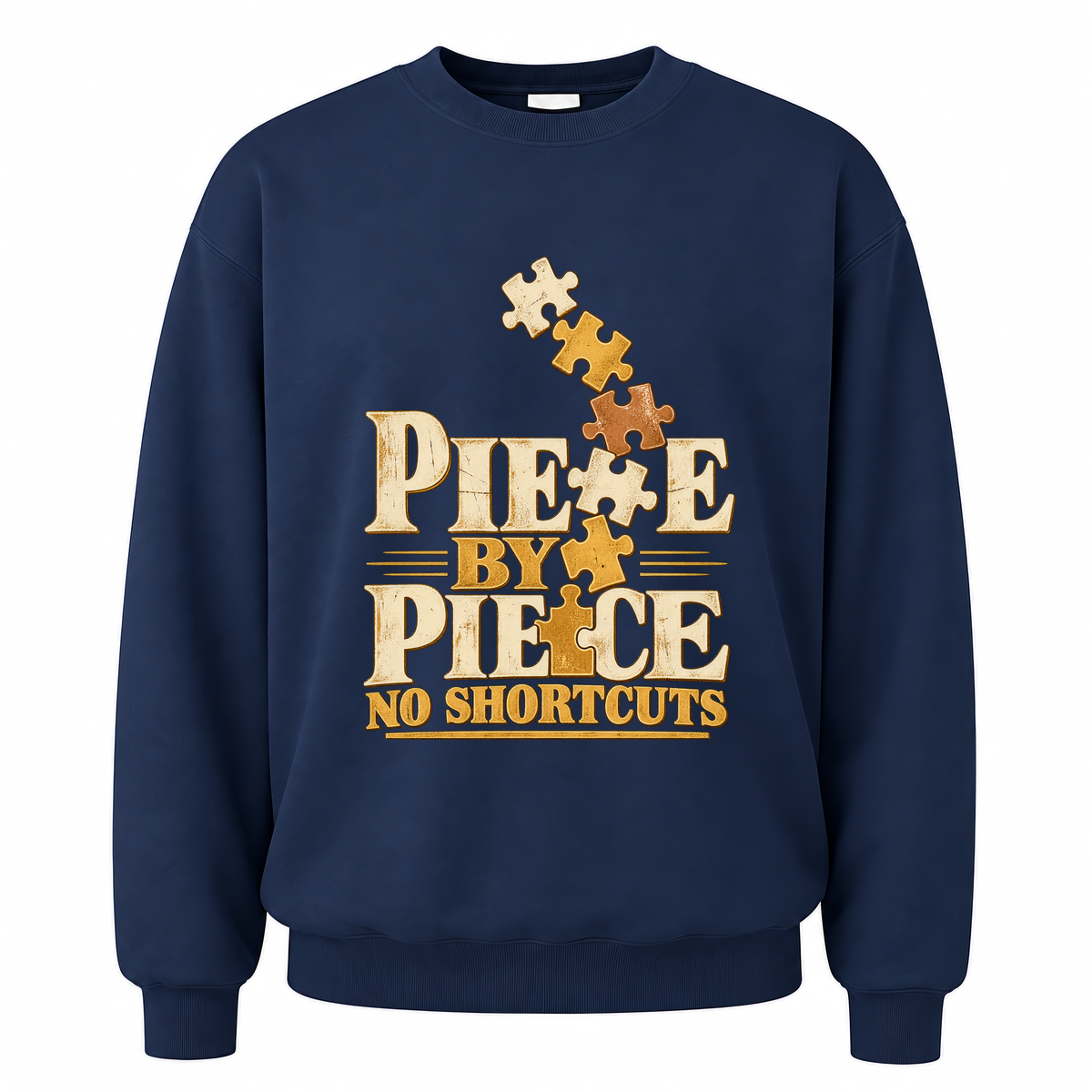 Navy vintage sweatshirt with Piece By Piece. No Shortcuts printed front design