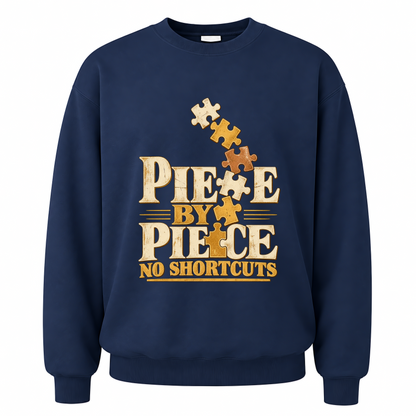 Navy vintage sweatshirt with Piece By Piece. No Shortcuts printed front design