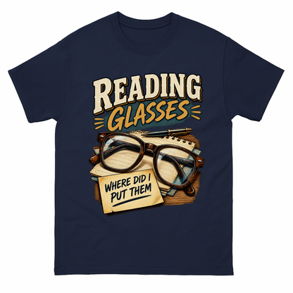 Navy vintage t-shirt with Reading Glasses Where Did I Put Them printed front design
