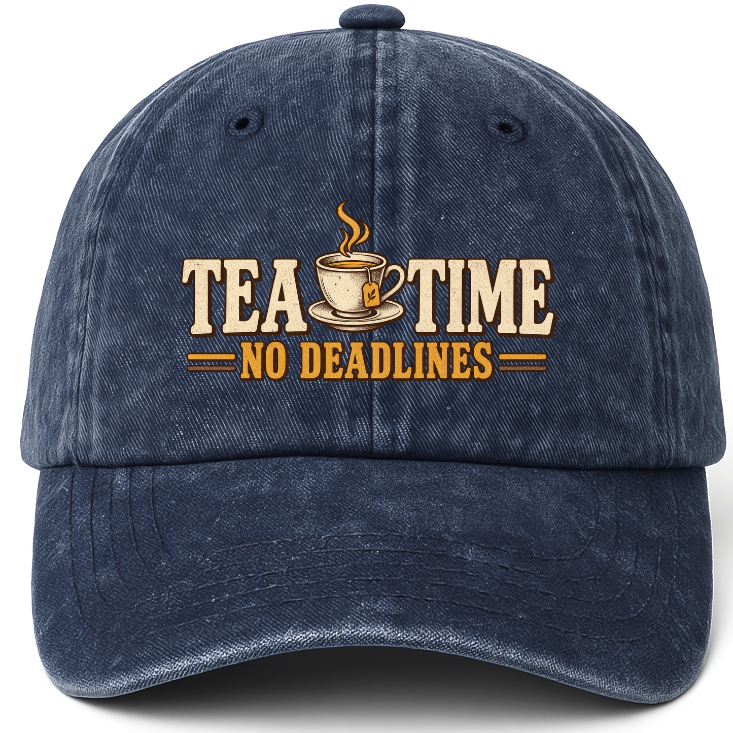 Navy vintage washed cap with Tea Time. No Deadlines printed front design
