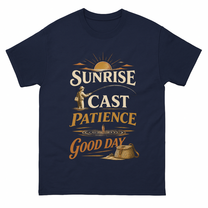 Navy vintage t-shirt with Sunrise • Cast • Patience. Good Day printed front design