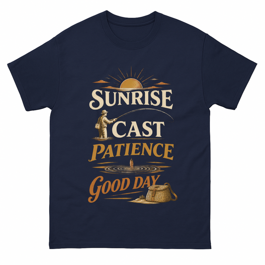 Navy vintage t-shirt with Sunrise • Cast • Patience. Good Day printed front design