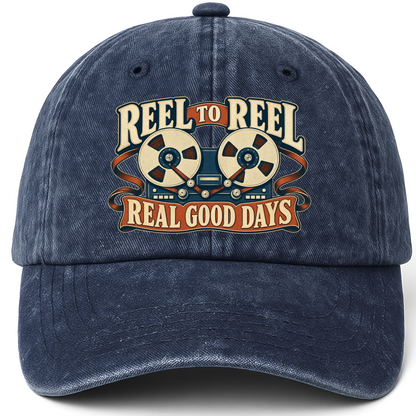Navy vintage washed cap with Reel To Reel Real Good Days printed front design