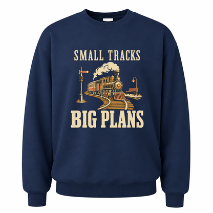 Navy vintage sweatshirt with Small Tracks Big Plans printed front design