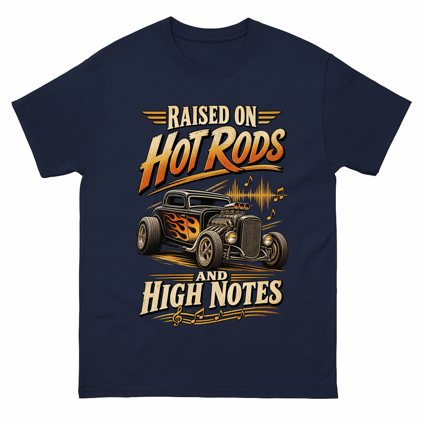 Navy vintage t-shirt with 36 hot rods and high notes ideogram 4x printed front design
