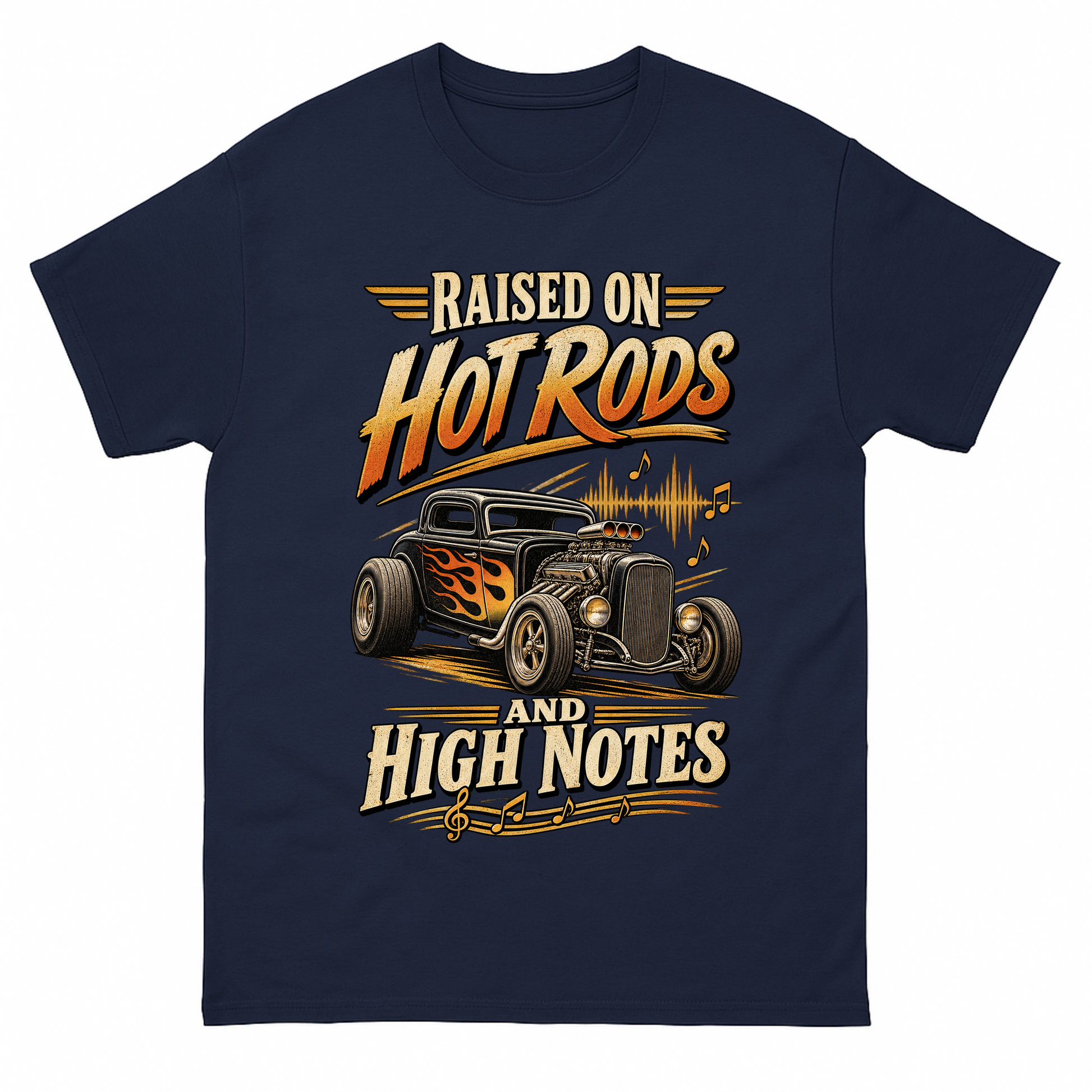 Navy vintage t-shirt with 36 hot rods and high notes ideogram 4x printed front design