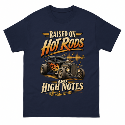 Navy vintage t-shirt with 36 hot rods and high notes ideogram 4x printed front design