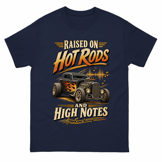 Navy vintage t-shirt with 36 hot rods and high notes ideogram 4x printed front design