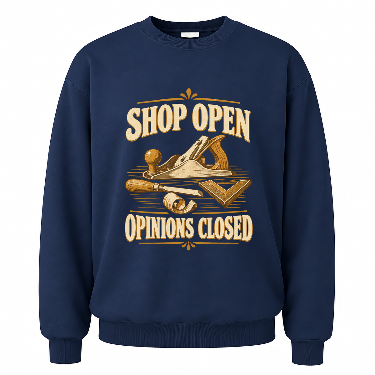 Navy vintage sweatshirt with Shop Open Opinions Closed printed front design