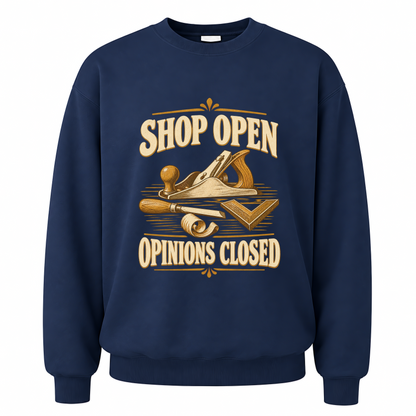 Navy vintage sweatshirt with Shop Open Opinions Closed printed front design