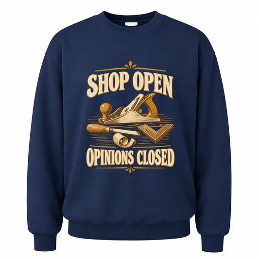 Navy vintage sweatshirt with Shop Open Opinions Closed printed front design