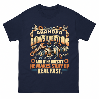 Navy vintage t-shirt with Your Name Knows Everything Tools printed front design