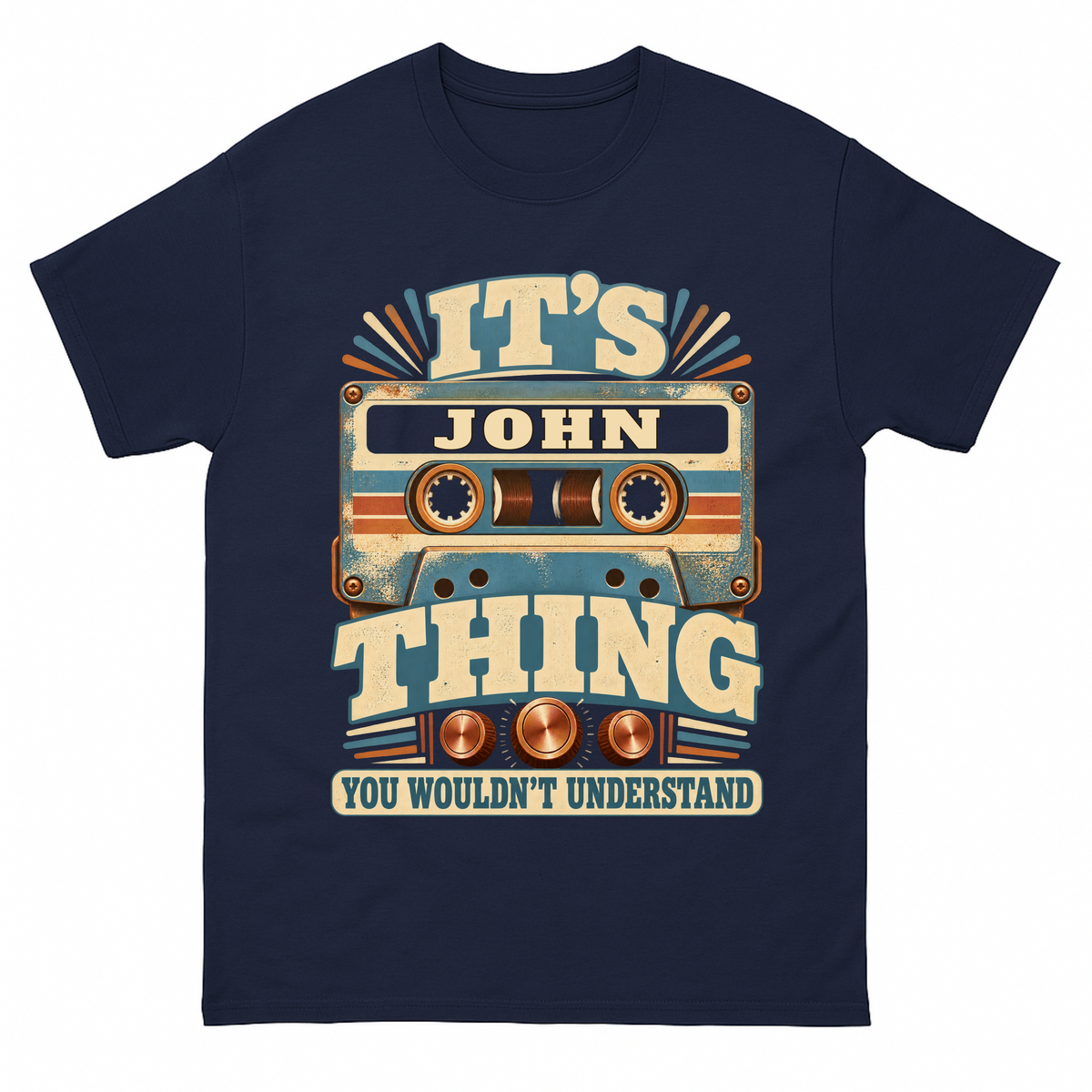 Navy vintage t-shirt with It's Your Name Thing printed front design