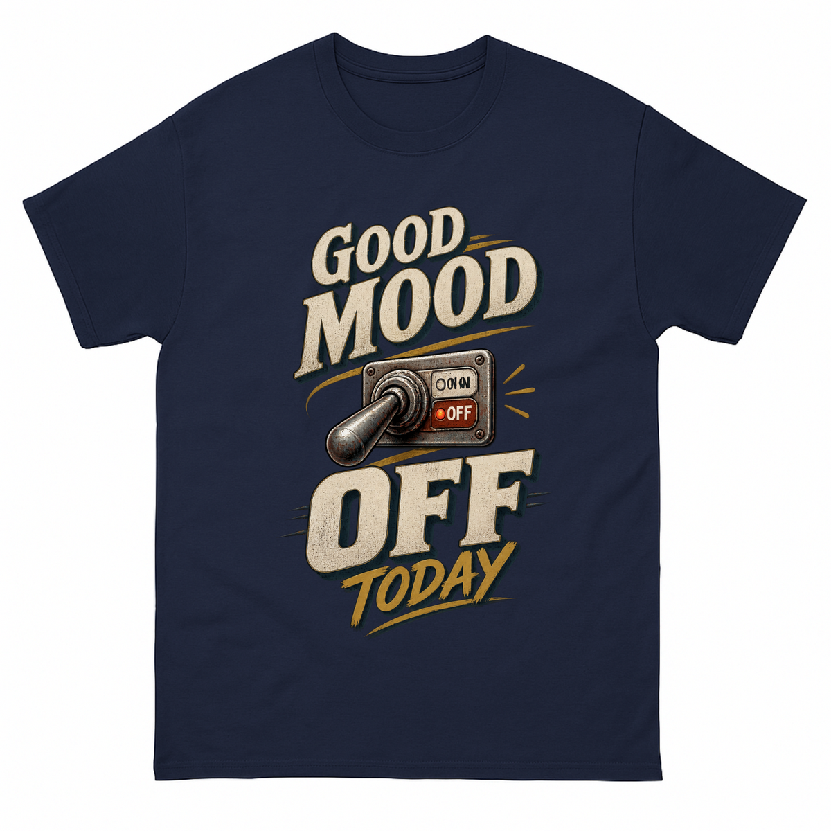 Navy vintage t-shirt with Good Mood Off Today printed front design