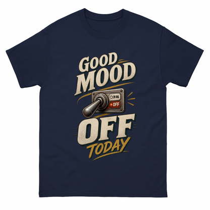 Navy vintage t-shirt with Good Mood Off Today printed front design