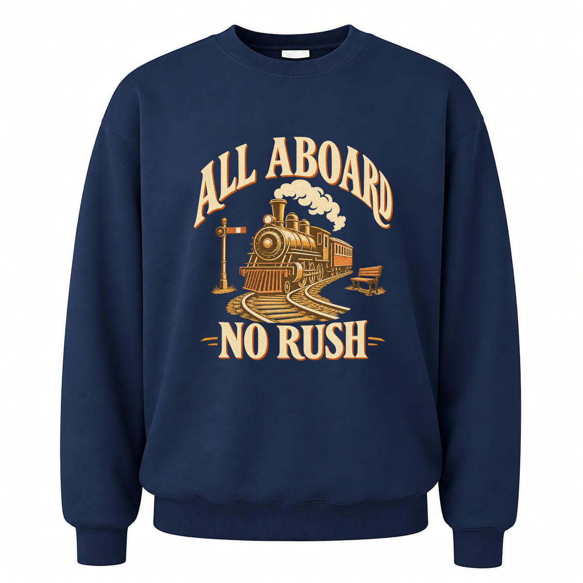 Navy vintage sweatshirt with All Aboard. No Rush printed front design