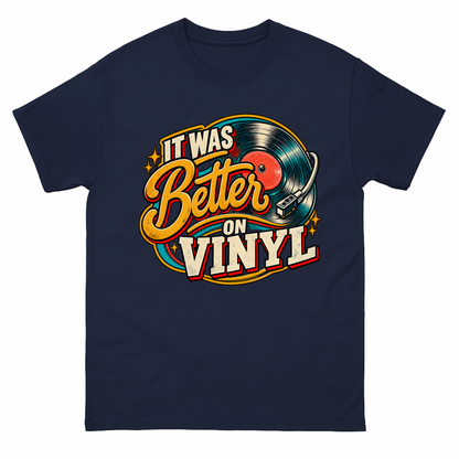 Navy vintage t-shirt with It Was Better On Vinyl printed front design