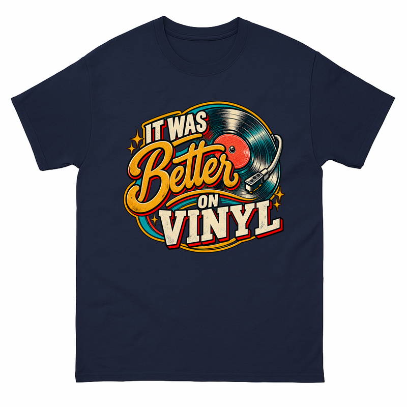 Navy vintage t-shirt with It Was Better On Vinyl printed front design