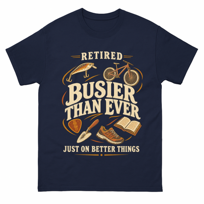 Navy vintage t-shirt with Retired Busier Than Ever Just On Better Things printed front design
