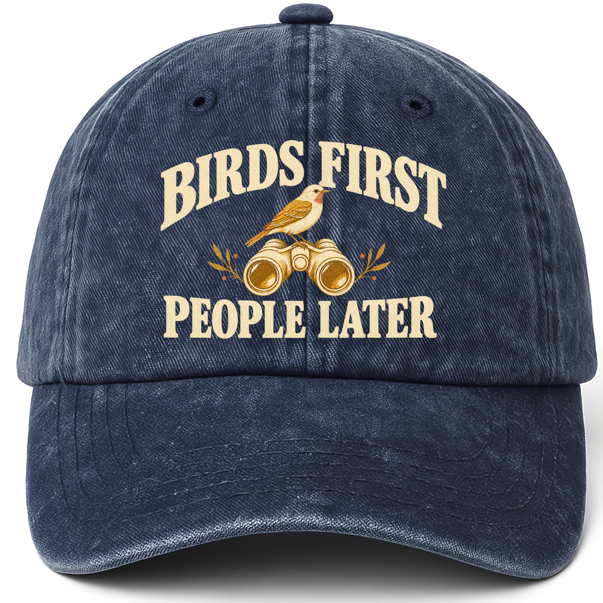 Navy vintage washed cap with Birds First. People Later printed front design
