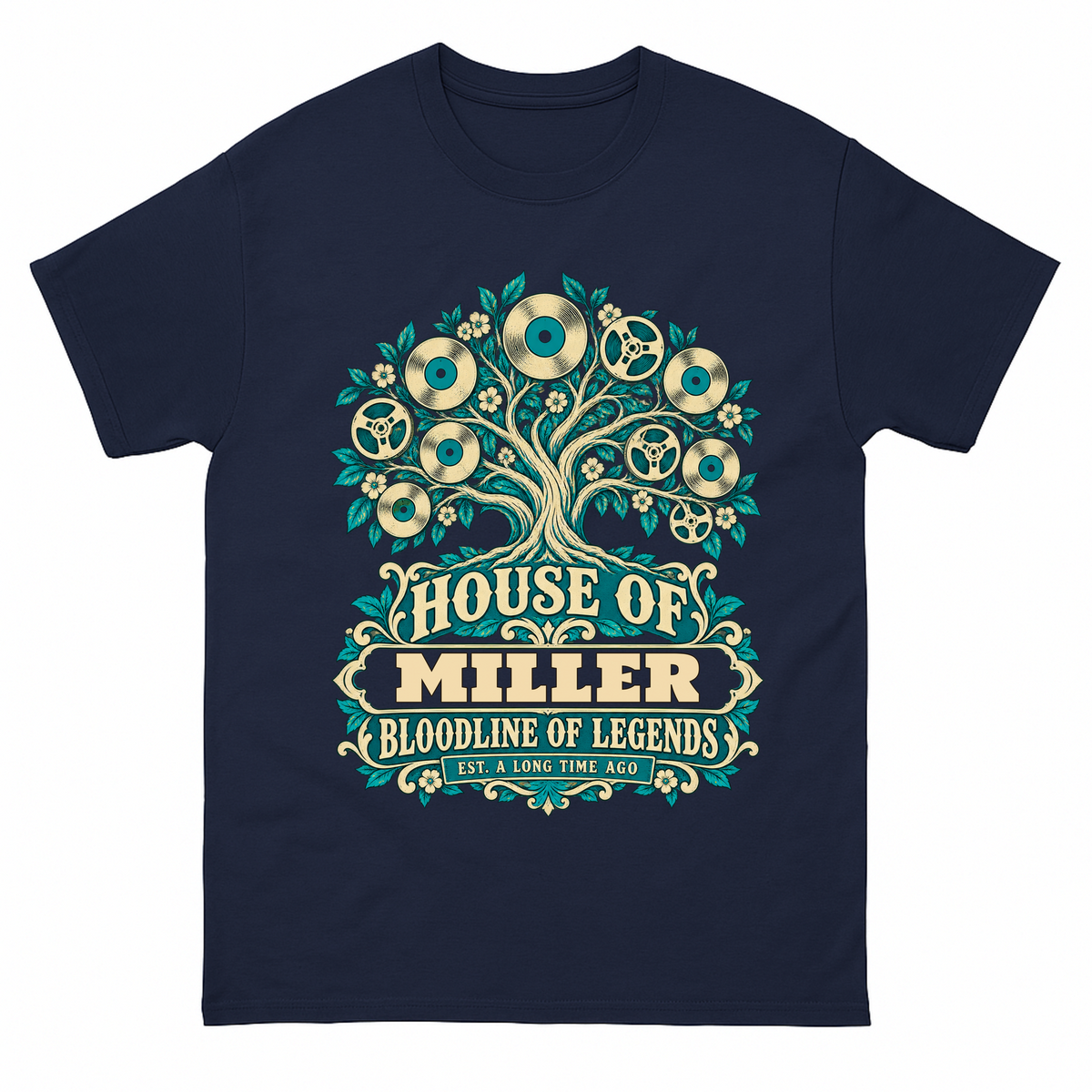 Navy vintage t-shirt with House Of Your Family Name Bloodline Of Legends Turquoise Tree printed front design
