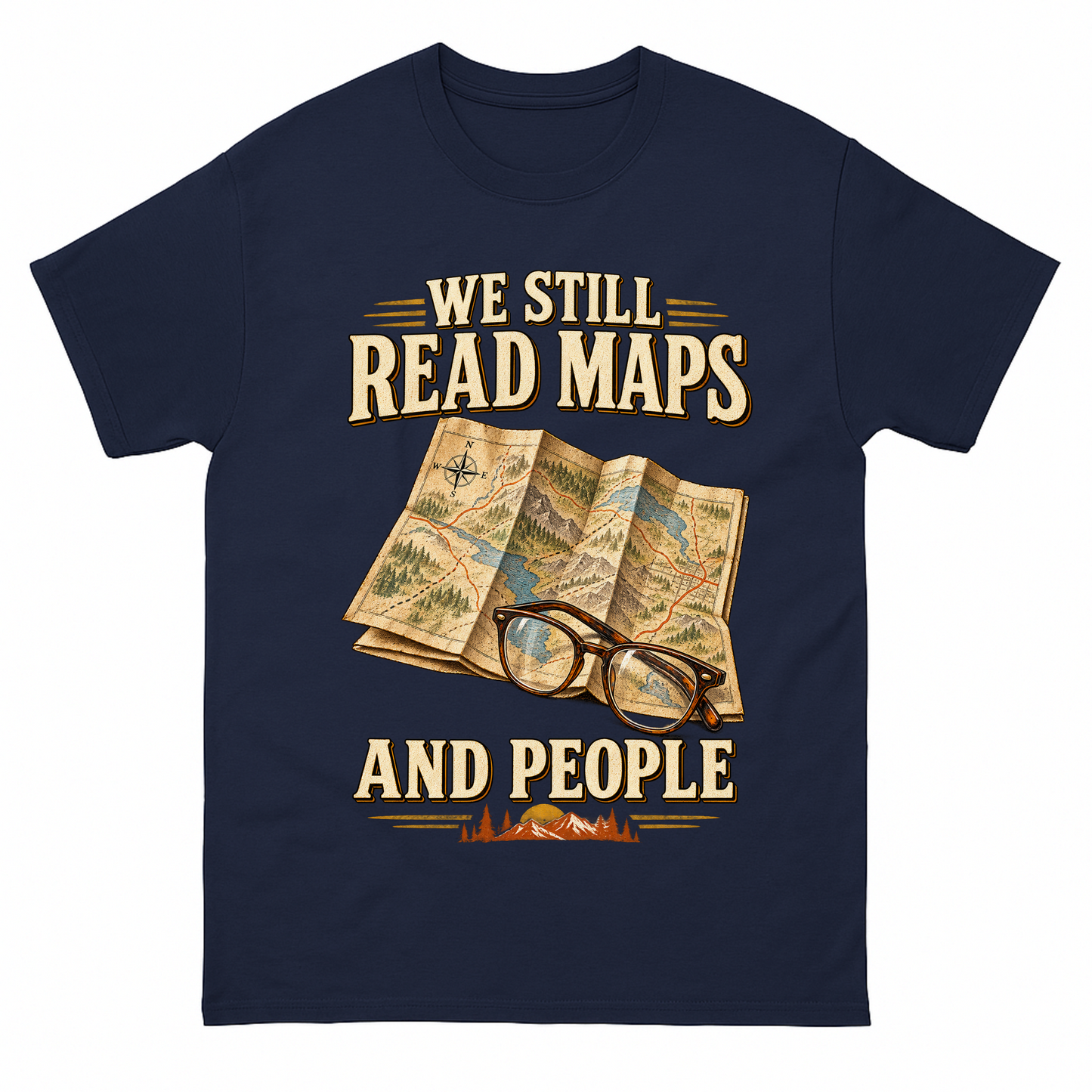 Navy vintage t-shirt with We Still Read Maps And People printed front design