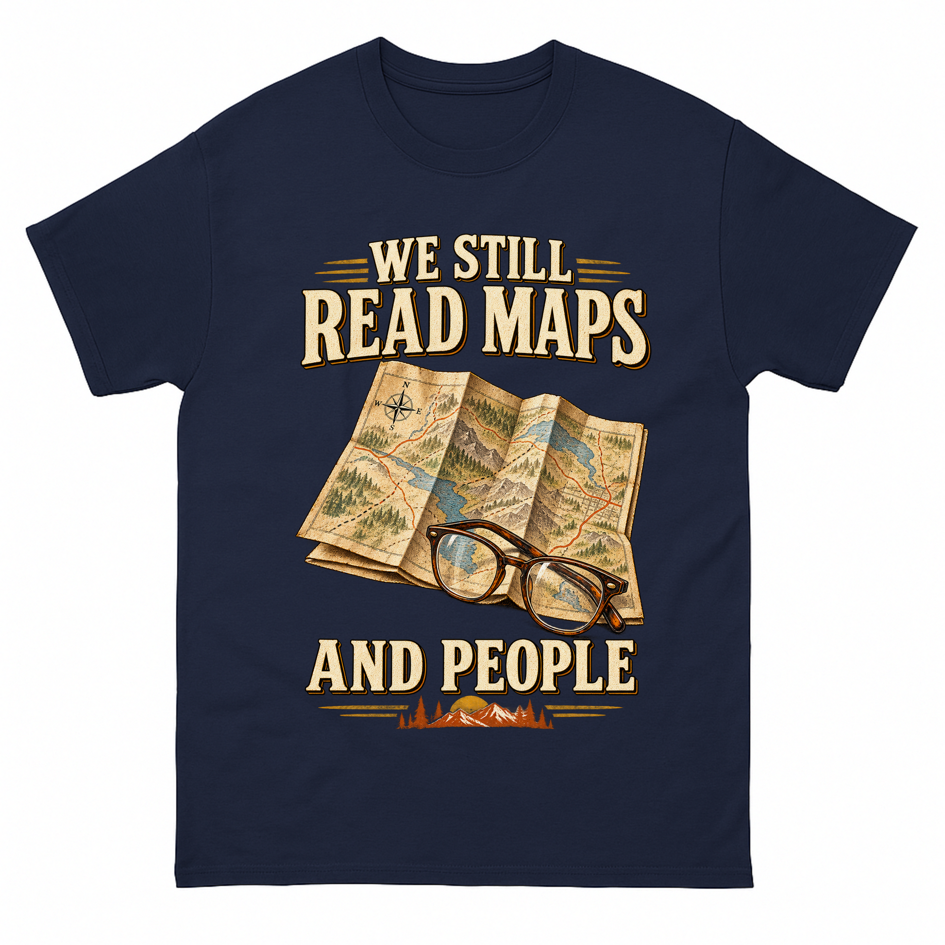 Navy vintage t-shirt with We Still Read Maps And People printed front design