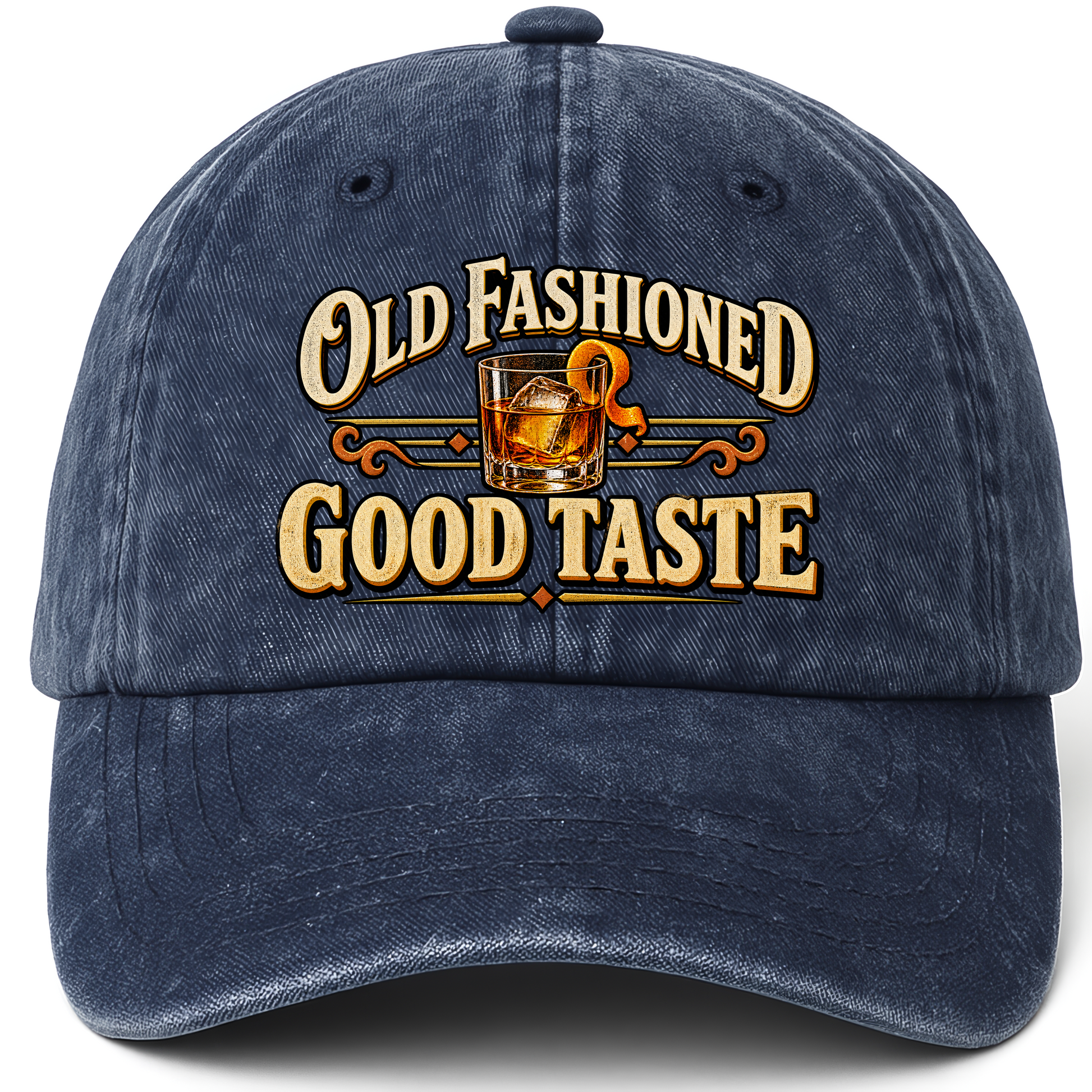 Navy vintage washed cap with Old Fashioned Good Taste printed front design