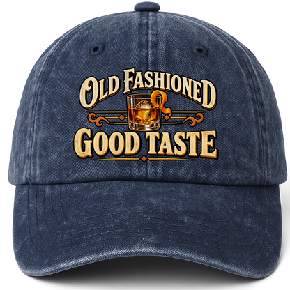 Navy vintage washed cap with Old Fashioned Good Taste printed front design
