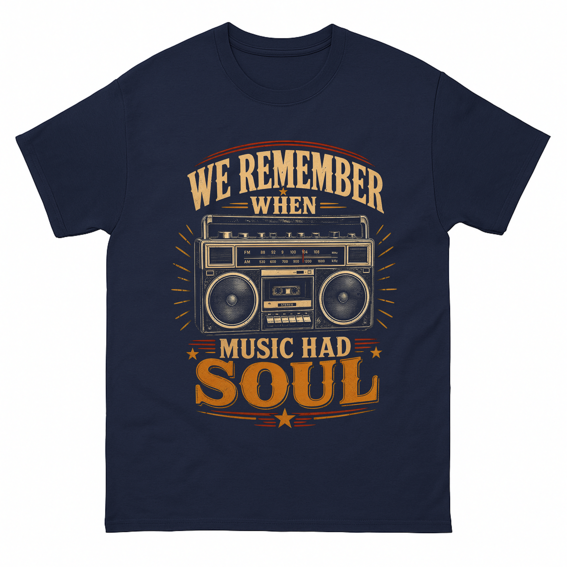 Navy vintage t-shirt with We remember music soul tee printed front design