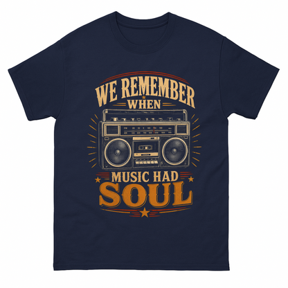 Navy vintage t-shirt with We remember music soul tee printed front design