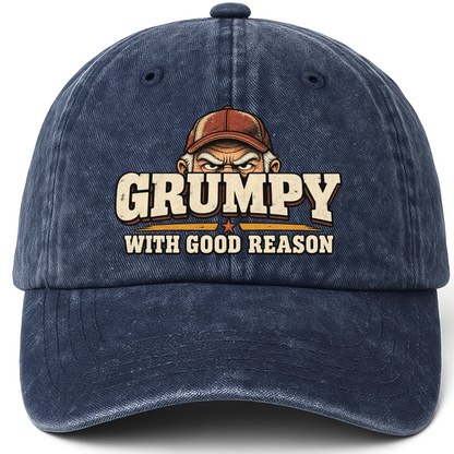 Navy vintage washed cap with Grumpy With Good Reason printed front design