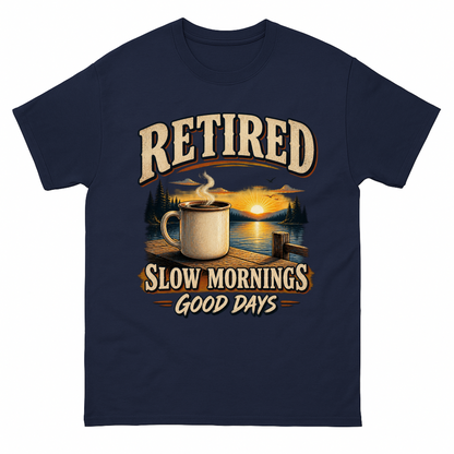 Navy vintage t-shirt with Retired Slow Mornings Good Days printed front design