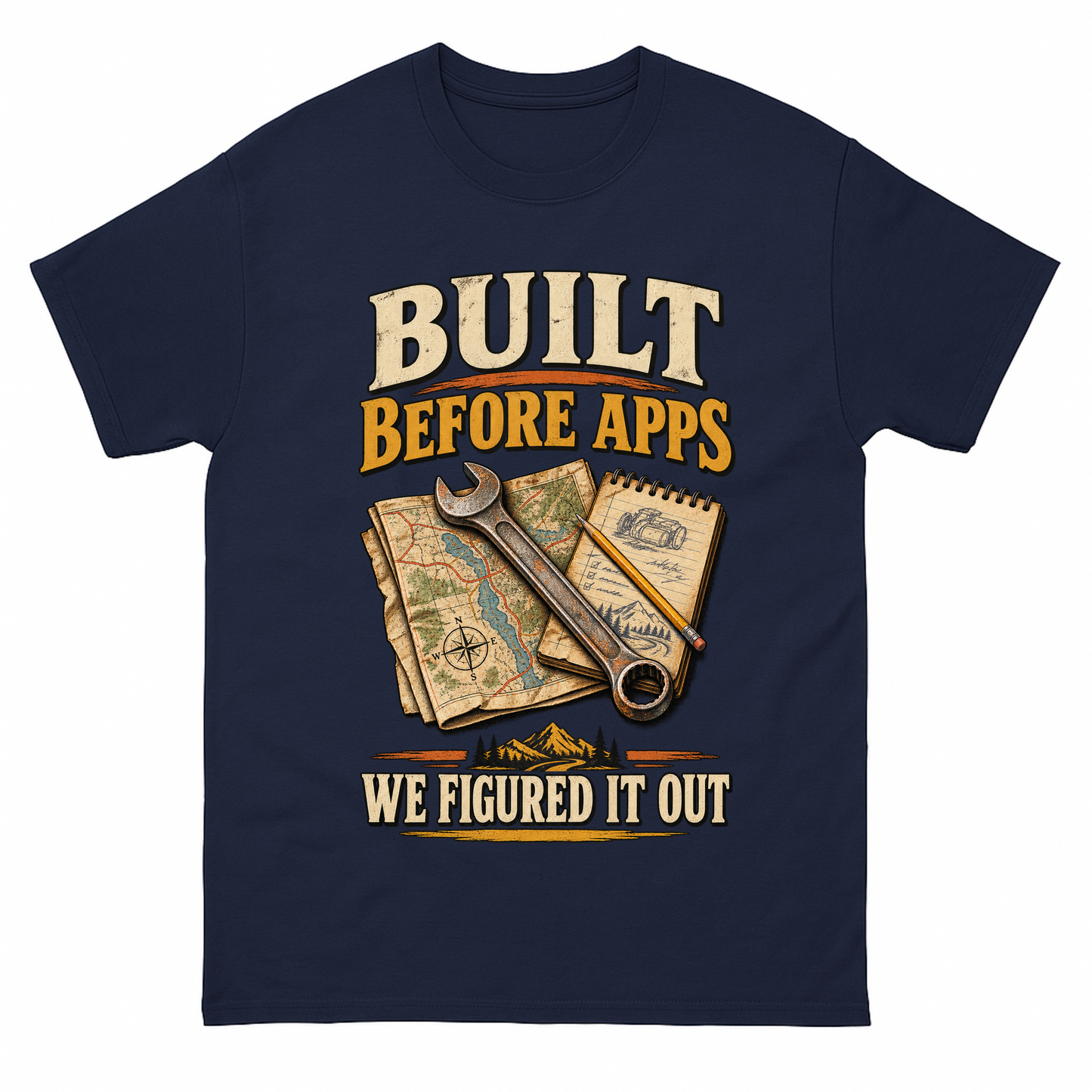 Navy vintage t-shirt with Built Before Apps We Figured It Out printed front design