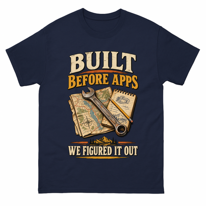 Navy vintage t-shirt with Built Before Apps We Figured It Out printed front design