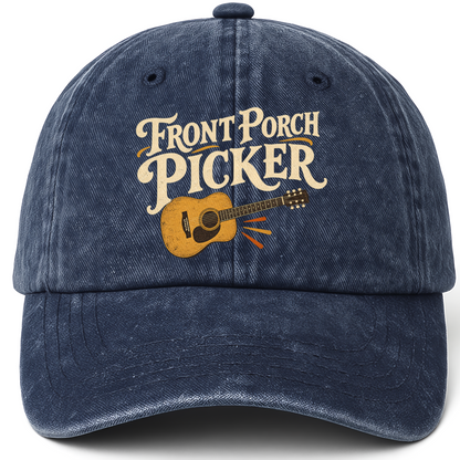 Navy vintage washed cap with Front Porch Picker printed front design