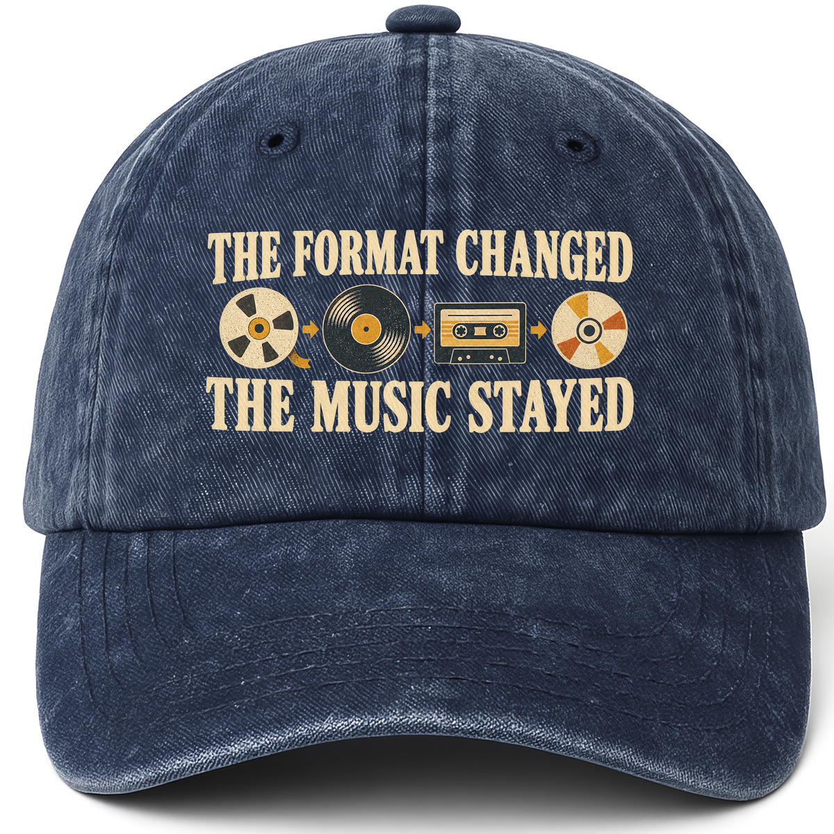 Navy vintage washed cap with The Format Changed The Music Stayed printed front design