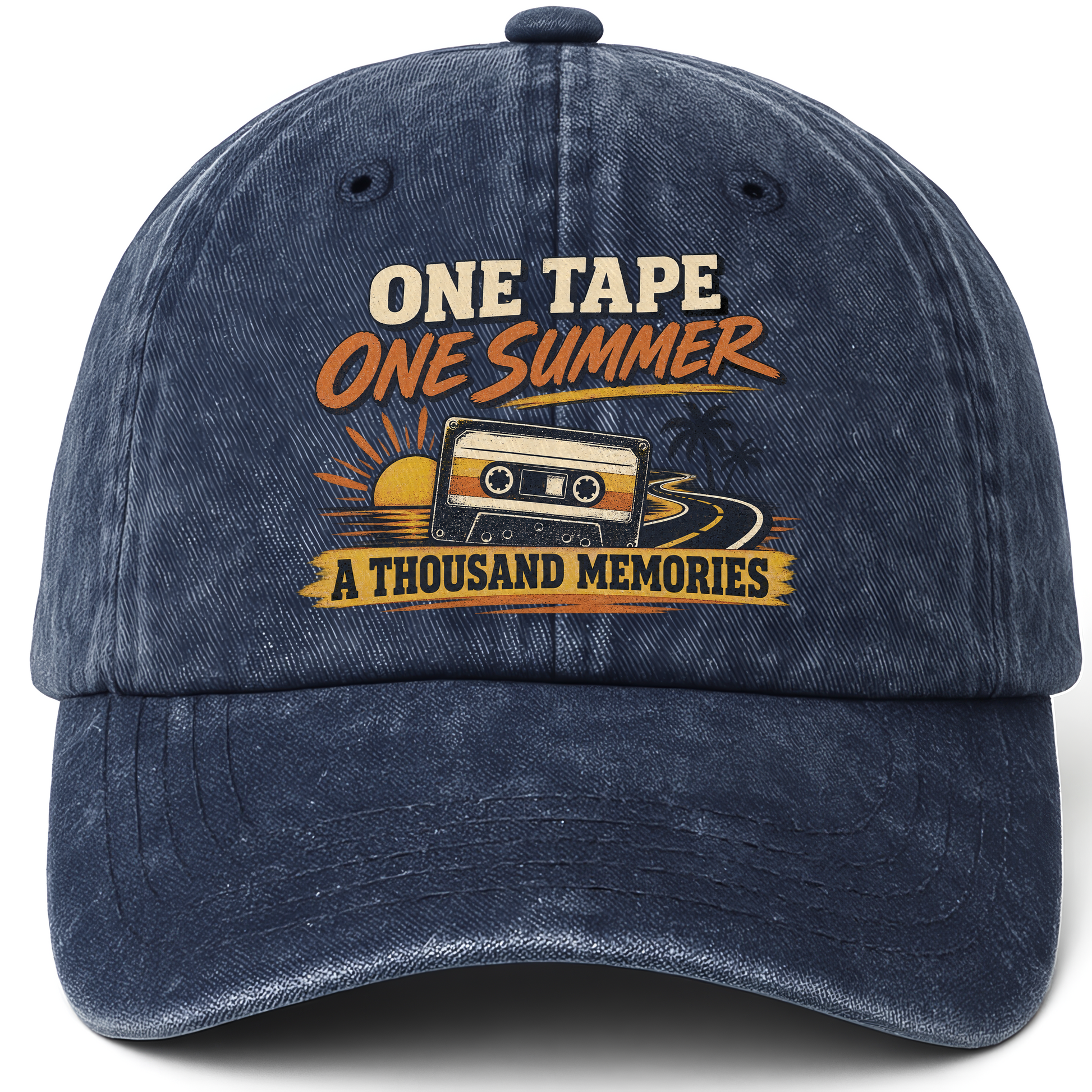 Navy vintage washed cap with One Tape One Summer A Thousand Memories printed front design