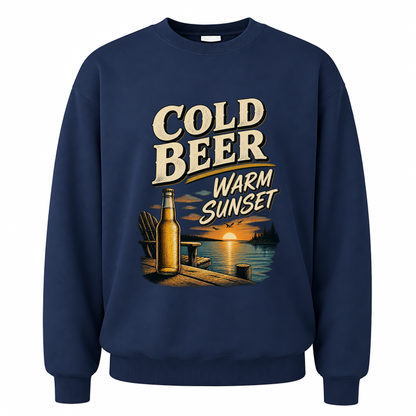 Navy vintage sweatshirt with Cold Beer. Warm Sunset printed front design