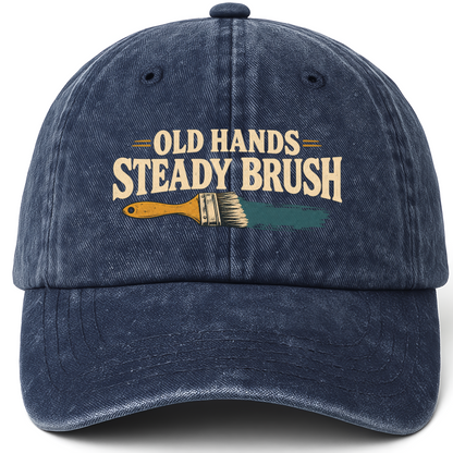 Navy vintage washed cap with Old Hands = Steady Brush printed front design