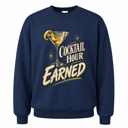 Navy vintage sweatshirt with Cocktail Hour Earned printed front design